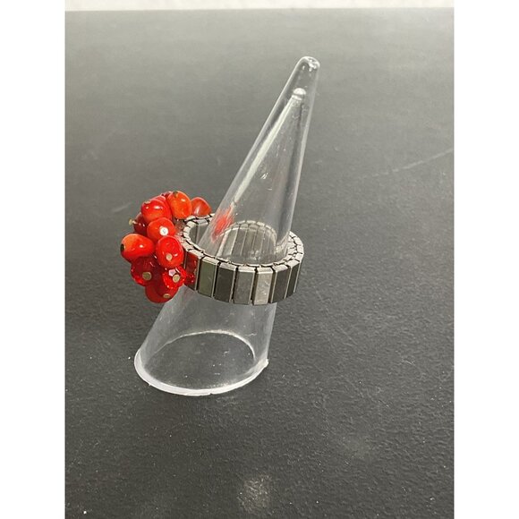 Stretchy Cluster Red Bead Ring With Adjustable Band And Stainless Steel Accents - Picture 5 of 5